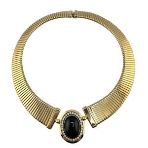 Vintage Joan Collins Black Glass Cabachon Rhinestones Gold Tone Omega Necklace